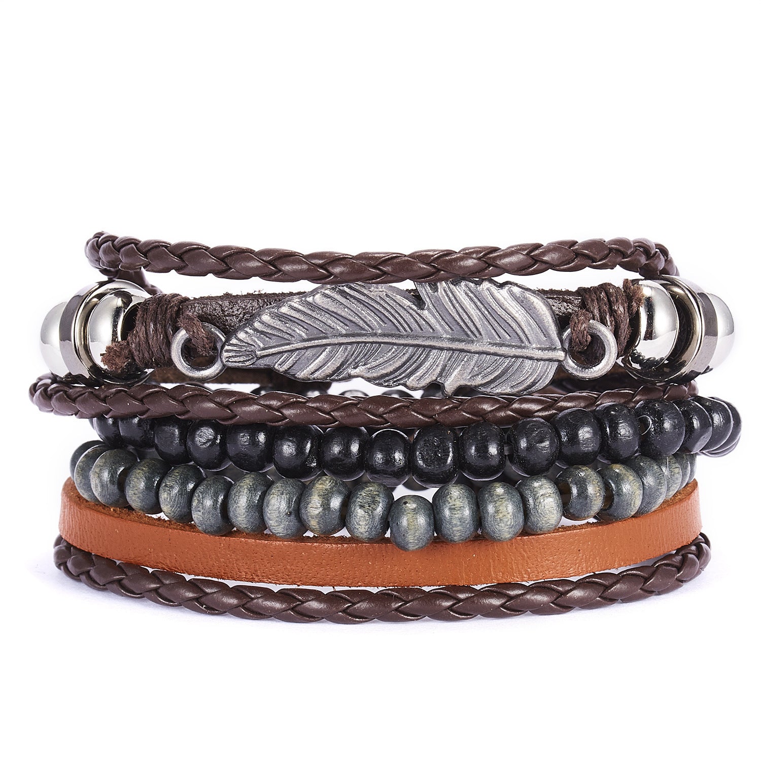 Wholesale leather suit bracelet leaves wooden beads woven leather adjustable suit bracelet